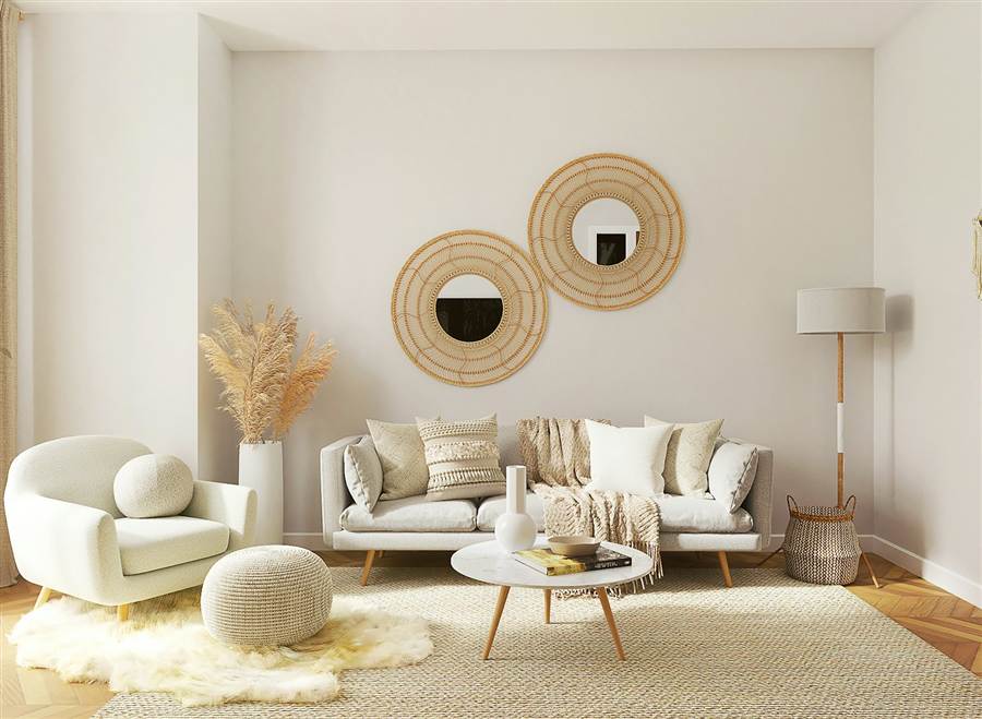 Bright living room with soft seating and natural textures